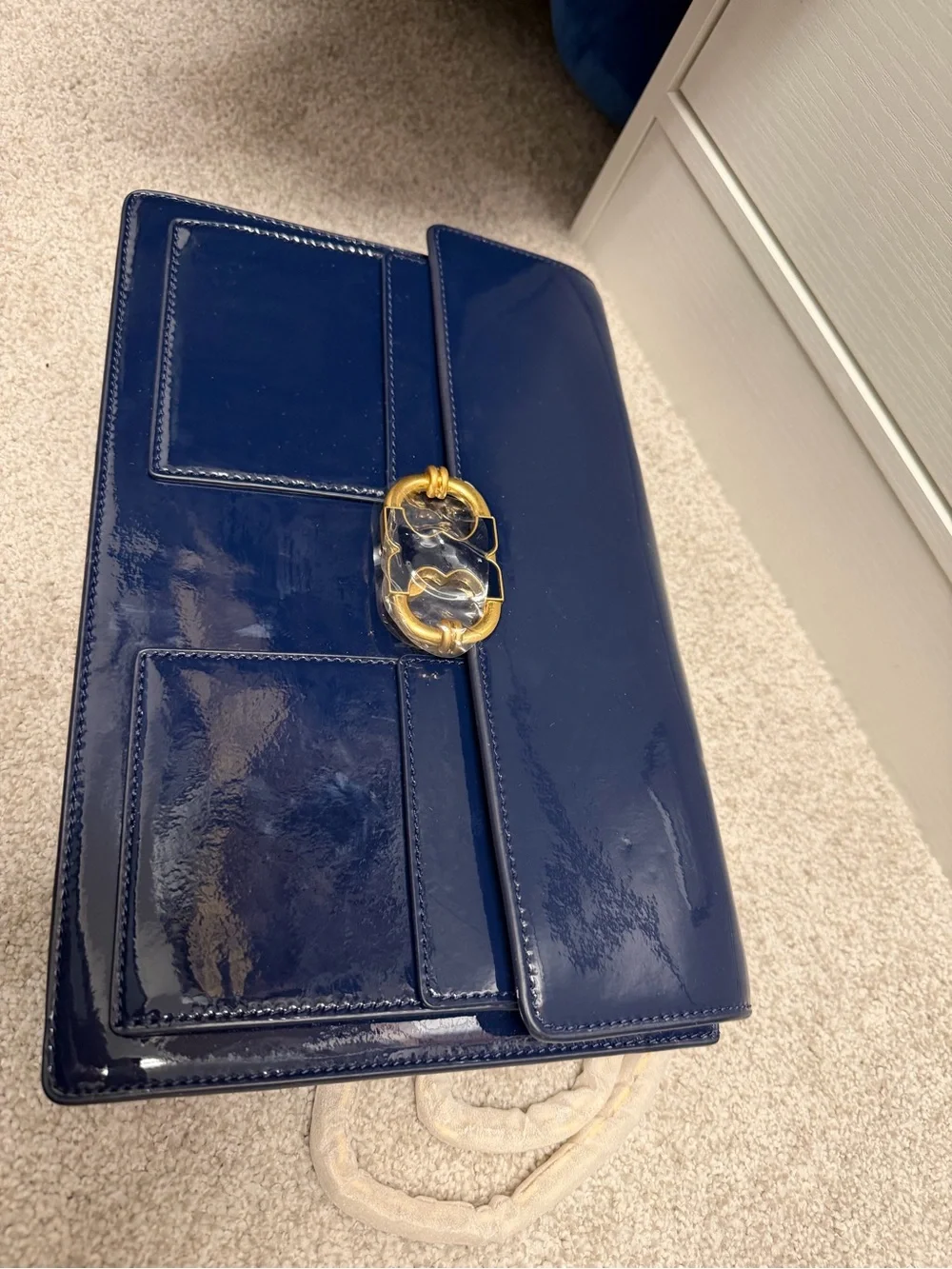 Tory Burch Patent Leather Shoulder Bag in Deep Navy with Gold Hardware